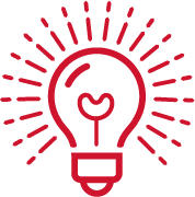 Red line drawing of a light bulb with rays emanating from it, symbolizing an idea or inspiration, on a light gray background.