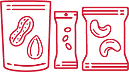 Three outlined snack packages, each featuring different nuts or seeds on the front: one with a peanut and seed, one with small seeds, and one with two cashews.
