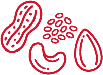Red line drawings of a peanut, cashew, sunflower seed, and almond on a light background.