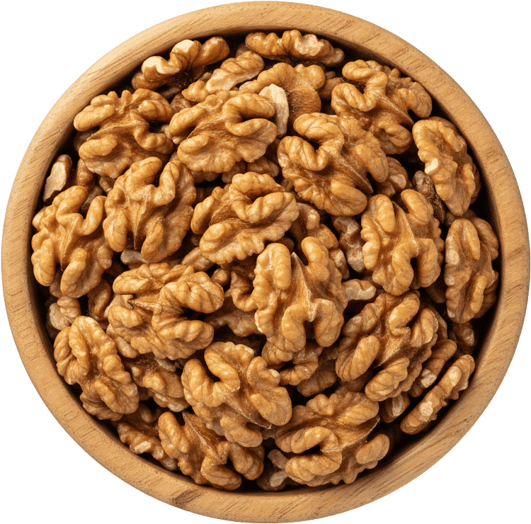 A wooden bowl filled with unshelled walnut halves viewed from above against a white background.
