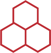 Three red hexagons arranged with one on top and two below, edges touching, on a light gray background.