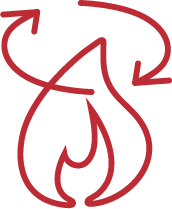 A red flame icon with two red arrows circling above it, indicating a concept related to fire or heat circulation.