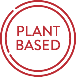 Red circular emblem with the words "PLANT BASED" in all caps centered inside, indicating a plant-based product or option.