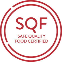 Red circular logo with the letters "SQF" and the words "Safe Quality Food Certified" inside, indicating food safety certification.